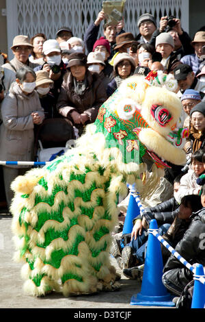 Kanagawa, Giappone. Il 23 febbraio, 2013. Leone cinese saluta le persone al Festival Cinese della Primavera a Yokohama. Festival Cinese della Primavera, anche chiamato 'Il nuovo anno lunare", è il più importante festival per il popolo cinese che ha più di 4000 anni di storia. Il Festival di Primavera porta Leone danza, performance di danza, canzoni, acrobazie e altri cinese tradizionale attrazioni a Yokohama China Town. L'evento è da febbraio 10 a 24. (Foto di Rodrigo Reyes Marin/AFLO/Alamy Live News) Foto Stock