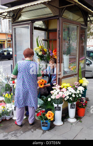 Budapest, Ungheria, fiore lady fiori di vendita a un cliente in tute da lavoro Foto Stock