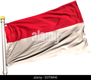 Bandiera dell'Indonesia su un palo di bandiera. Percorso di clipping incluso. Tessitura della seta visibile sulla bandiera a 100%. Foto Stock