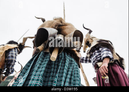 Dettagli di campanacci che trangas usura alle loro spalle, Carnevale di Bielsa, Huesca, Spagna Foto Stock