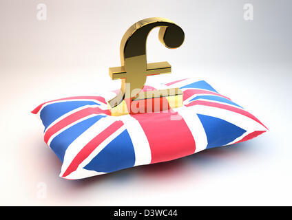Simbolo della sterlina britannica in oro pieno su un cuscino con motivo Union Jack Flag, che protegge la valuta in caduta, sostiene/cura Foto Stock
