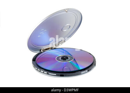 Il lettore di CD con disco è fotografato su sfondo bianco Foto Stock
