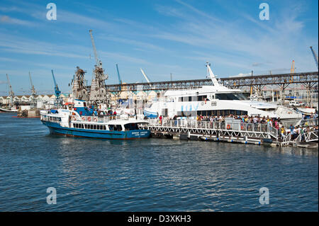 Robben Island traghetti in Cape Town Harbour Sud Africa il Susan Kruger e traghetti passeggeri Sikhululekile un catamarano Foto Stock