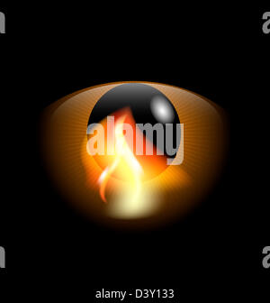 Su uno sfondo nero è un grande occhio astratto con la riflessione della fiamma Foto Stock