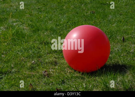 Sfera rossa in erba verde. Foto Stock