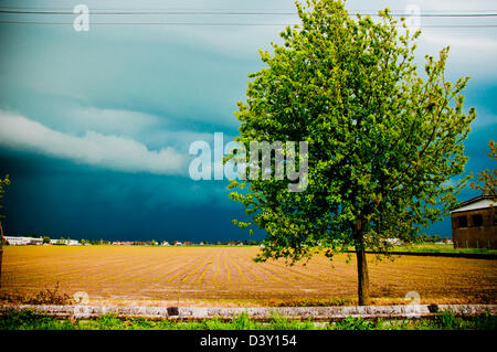 Drammatico paesaggio con la tempesta in arrivo in Val Padana, Emilia Foto Stock