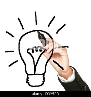 Immagine concettuale della mano e del disegno a penna lampadina che rappresenta l'innovazione aziendale e idea isolati su sfondo bianco Foto Stock