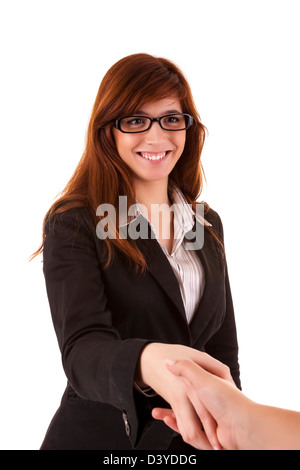 Business donna agitando la mano con qualcuno Foto Stock