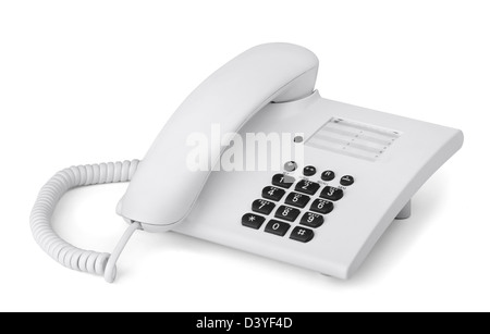 White office desk phone isolato su bianco Foto Stock