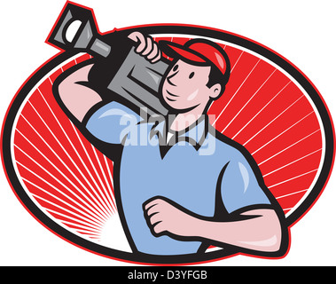 Illustrazione di un cameraman troupe che trasporta il segnale video filmato fotocamera impostata all'interno di forma ovale realizzato in stile cartoon. Foto Stock