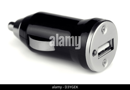 USB nero dispositivo elettronica caricabatteria da auto isolato su bianco Foto Stock
