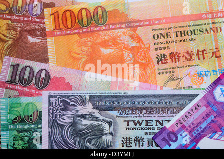 Hong Kong banconote da 10 a 1000 dollari Foto Stock