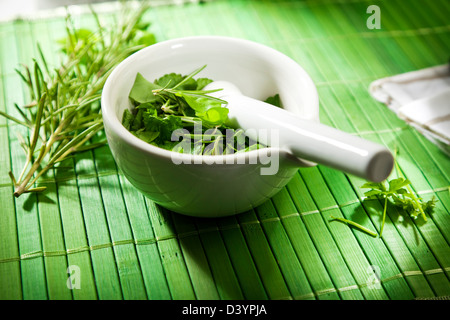 La medicina di erbe concetto - varietà di erbe in ceramica mortaio con pestello su bambù verde mat Foto Stock