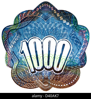 Numero 1000 da 1000 rubli banconota, su sfondo bianco, Russia, 1992 Foto Stock