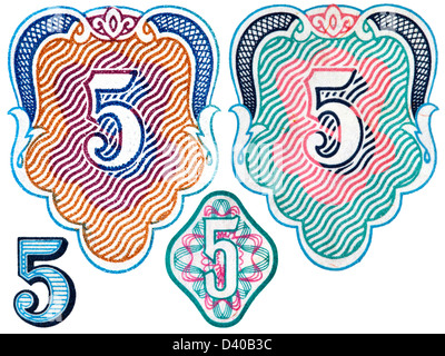 Numero 5 da 5 rubli banconota, su sfondo bianco, Russia, 1961 e 1991 Foto Stock