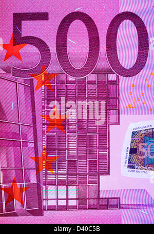 Banconota da 500 Euro, architettura moderna, 2002 sotto luce UV Foto Stock
