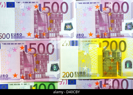 500 e 200 le banconote in euro, 2002 Foto Stock