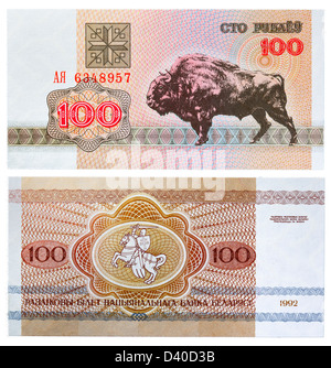 100 rubli banconota Wisent (Bison), Bielorussia, 1992 Foto Stock