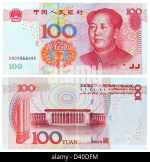 100 Yuan banconota, Mao Zedong e la Grande Sala del Popolo a Piazza Tiananmen a Pechino, Cina, 2005 Foto Stock