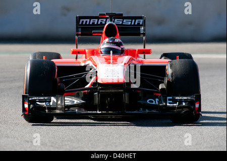 Max Chilton (GBR), Marussia F1 MR02, Formula 1 sessioni di collaudo del Circuito de Catalunya, Barcelona, Spagna, Febbraio 2013 Foto Stock