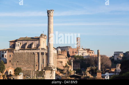 Dettagli di resti e rovine dell antica Roma Italia che mostra il Tempio di Antonino e Faustina Foto Stock