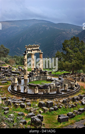 Il tempio di Atena Pronaia (Pronaea) all antica Delphi, "l' ombelico del mondo antico, FOCHIDA, GRECIA CENTRALE. Foto Stock