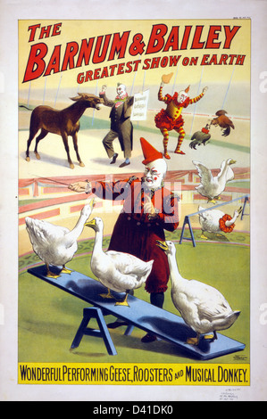 Barnum e Bailey circus poster con i clown di eseguire le oche e un asino musicale Foto Stock