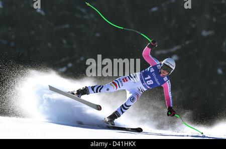 Garmisch, Germania. 1 marzo 2013. Viktoria Rebensburg dalla Germania in azione a la donna Super G gara di Coppa del Mondo di Sci Alpino a Garmisch-Partenkirchen in Germania, 01 marzo 2013. Foto: Karl-Josef Hildenbrand/dpa/Alamy Live News Foto Stock