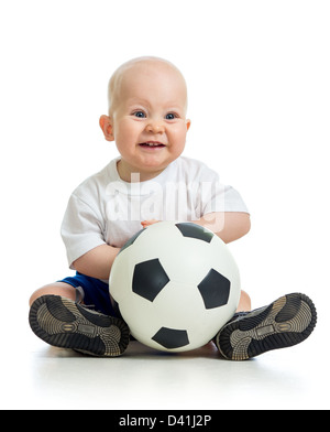 Adorable baby con palla su sfondo bianco Foto Stock