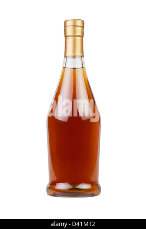 Bottiglia di cognac su sfondo bianco Foto Stock