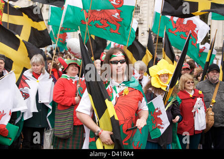 Giorno di san Davide parata del giorno di San Davide, il 1 marzo nel centro di Cardiff, Galles. Nero e giallo di bandiera è la bandiera di David St. Foto Stock