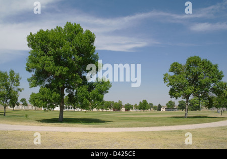 Blue sky view erba verde alberi rising angolo sud-occidentale parata a terra, verso la Caserma di cavalleria, Fort Laramie, Wyoming USA Foto Stock