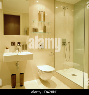 Montato a parete lavabo e doccia in vetro armadio in moderno bagno bianco con ripiani in vetro bianco sopra wc Foto Stock