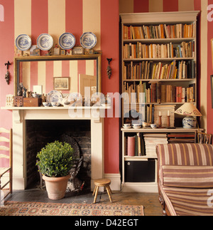 Specchio sopra il camino con agganciati arbusto scatola in pentola in soggiorno con le pareti dipinte in ampia scuro strisce rosa Foto Stock