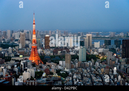 Di sera presto vista aerea del centro metropolitano di Tokyo skyline della città con alti edifici, tra cui la Torre di Tokyo.