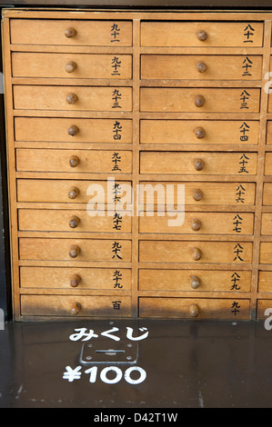 Cassetti numerati tenere omikuji fortune, una carta oracle che racconta bene o male futuro, per 100 yen al Tempio di Sensoji, Tokyo. Foto Stock