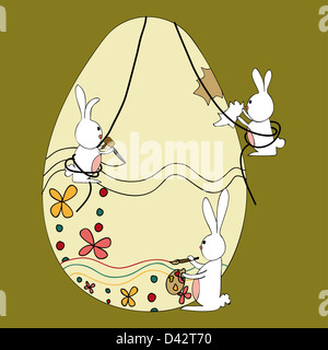 Decorazione di uova di Pasqua in costruzione da coniglietti team. Questa illustrazione è stratificata per una facile manipolazione e colorazione personalizzata. Foto Stock