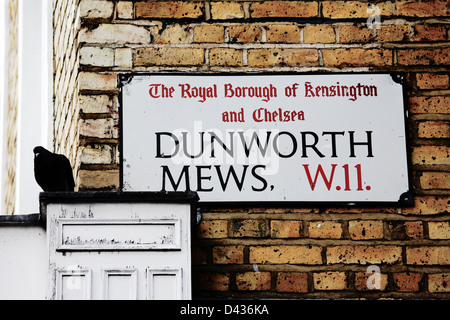 London Street segno, DUNWORTH MEWS, quartiere di Kensington e Chelsea Foto Stock