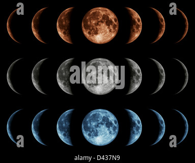 Sette fasi della luna isolata su sfondo nero. Grigio, blu, rosso Foto Stock