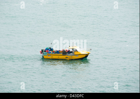 I pescatori in un giallo brillante catamarano al largo della costa della Skokholm, South Pembrokeshire, Wales, Regno Unito Foto Stock