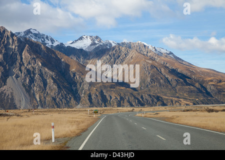 Strada di Tasman valli Aoraki Monte Cook Parco Nazionale delle Alpi Meridionali valli di montagna della Nuova Zelanda Foto Stock