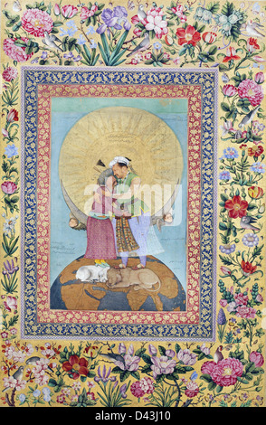 Abu'l'Hasan, rappresentazione allegorica dell'Imperatore Jahangir e Shah. La San Pietroburgo Album. Circa 1618 acquerello. Foto Stock
