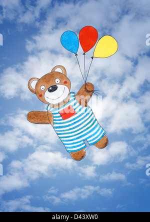 Felice un orso di peluche per bambini Disegno, pittura ad acquerello su sky Foto Stock