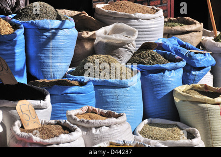 Sacchi di colorati di erbe e di spezie per la vendita in un mercato di Marrakesh, Marocco Foto Stock
