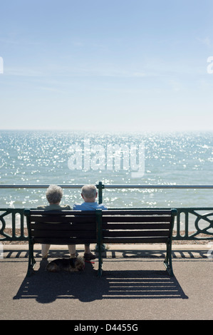 Anziani vecchia coppia su un banco di lavoro per godersi il sole in riva al mare mentre il loro cane giace sotto all'ombra, REGNO UNITO Foto Stock