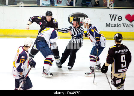 Guildford Flames 7 - 1 Milton Keynes fulmini. Mostra fotografica di Chris Wiggins ( MK ) combattimenti Jez Lundin (Guildford) con i giocatori che guarda. Per ulteriori informazioni visita il sito www.guildfordflames.com Foto Stock