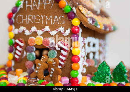 Chiudere orizzontale di una casa di panpepato decorato per il Natale con alberi di Natale e di neve. Foto Stock