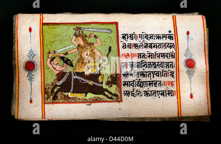 Devi Mahatmyam Mahatmya religioso indù vittoria testo dea Durga demon Mahishasura 1765-1708 Samvat del Rajasthan Rajasthan in India Foto Stock