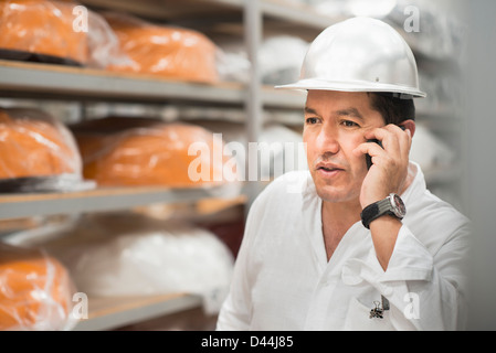 Lavoratore sul telefono cellulare in impianto di produzione Foto Stock