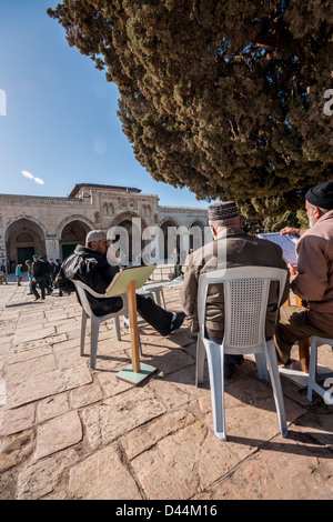 Gerusalemme, Israele. Musulmani gruppo di apprendimento vicino alla Moschea di Al-Aqsa sul monte del tempio. Foto Stock